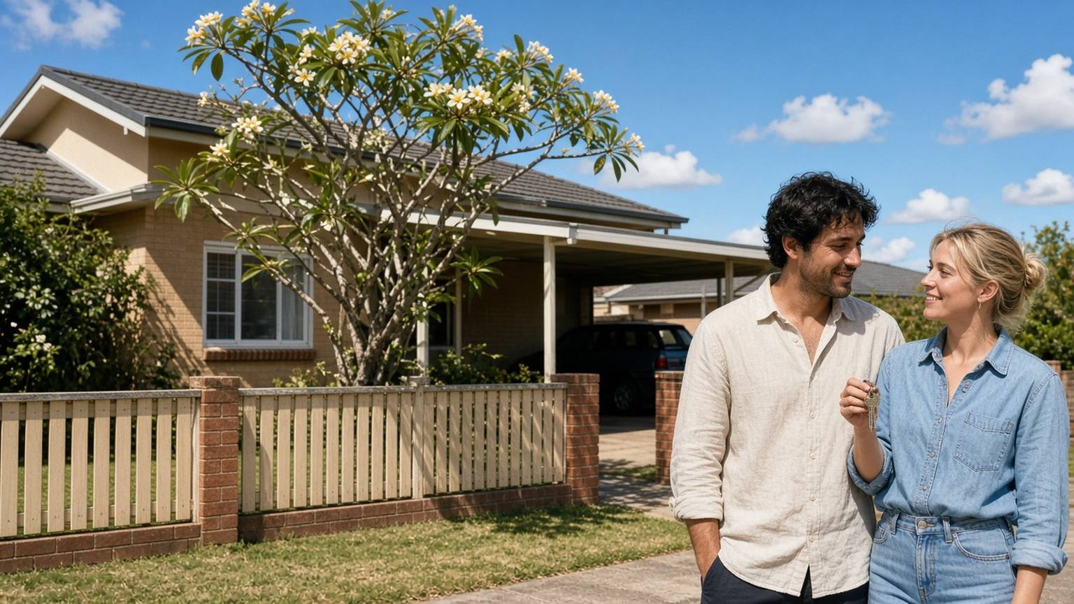 A young couple holding a house key outside a suburban Queensland home with a frangipani tree